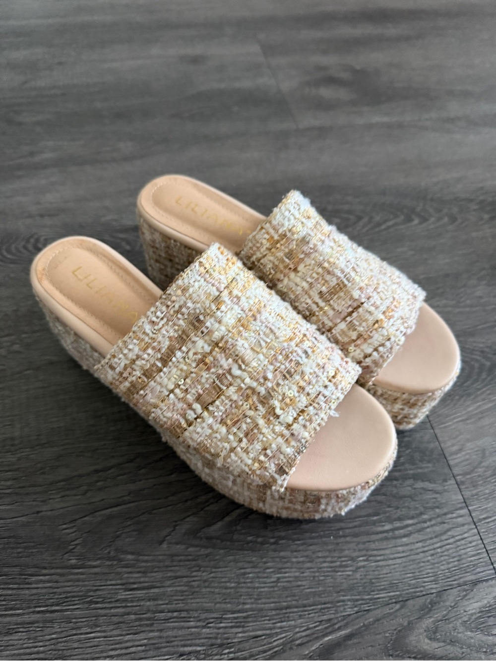 Beige Tweed Platform Slide Sandals